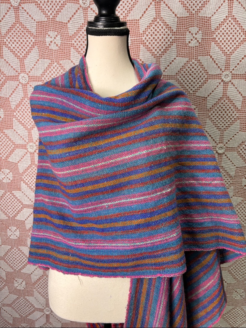 Handwoven Striped Wool Blend Shawl Wrap Boho Fringe